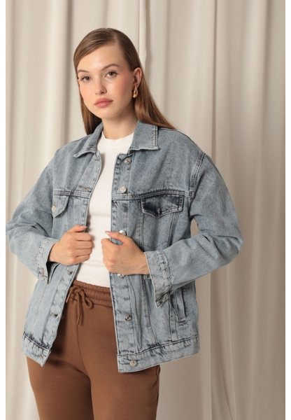 Denim Kumaş Oversize  Kadın Mavi Kot Ceket