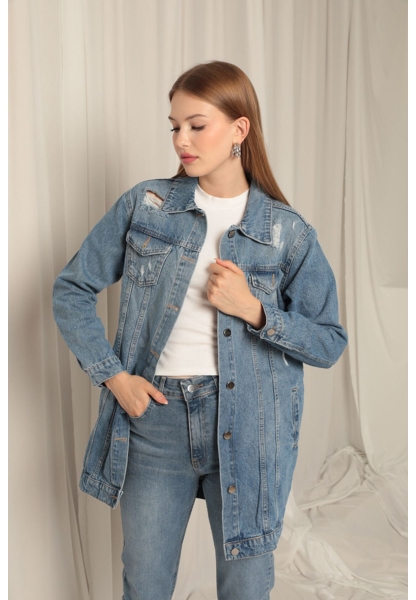 Denim Kumaş Uzun Kadın Mavi Kot Ceket