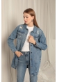 Denim Kumaş Uzun Kadın Mavi Kot Ceket