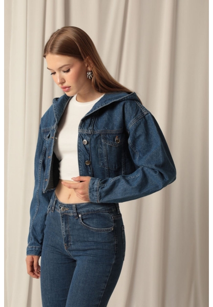 Denim Kumaş Kapüşonlu Kısa Kadın Lacivert Kot Ceket