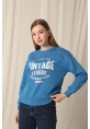 Üç İplik Kumaş Vintage Baskılı Kadın Mavi Sweat