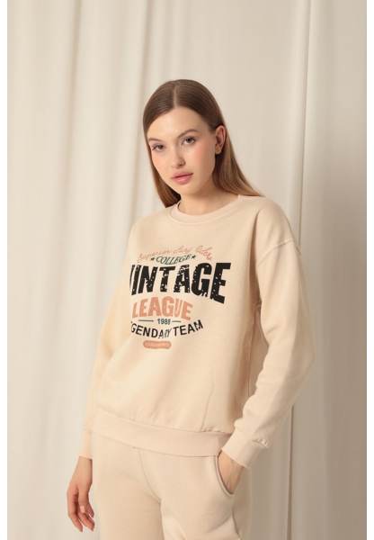 Üç İplik Kumaş Vintage Baskılı Kadın Bej Sweat