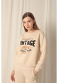 Üç İplik Kumaş Vintage Baskılı Kadın Bej Sweat