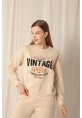 Üç İplik Kumaş Vintage Baskılı Kadın Bej Sweat