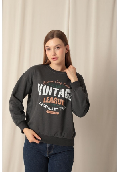 Üç İplik Vintage Baskılı Kadın Antrasit Sweat