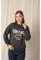 Üç İplik Vintage Baskılı Kadın Antrasit Sweat