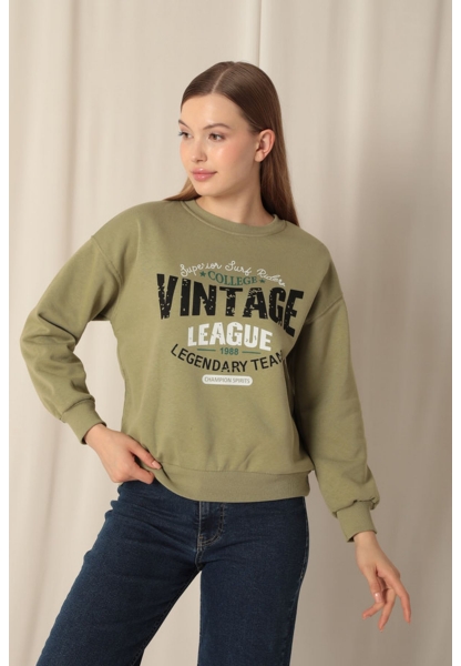 Üç İplik Kumaş Vintage Baskılı Kadın Haki Sweat