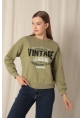 Üç İplik Kumaş Vintage Baskılı Kadın Haki Sweat