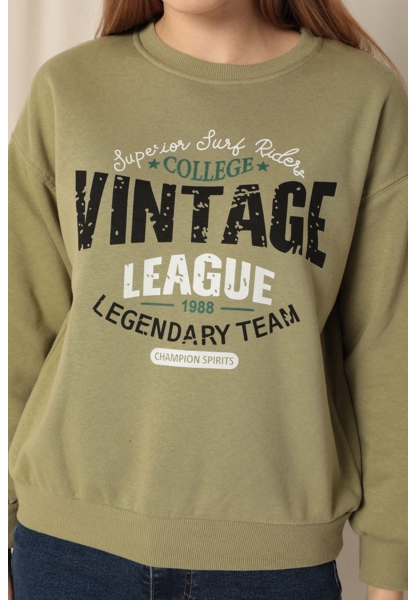 Üç İplik Kumaş Vintage Baskılı Kadın Haki Sweat