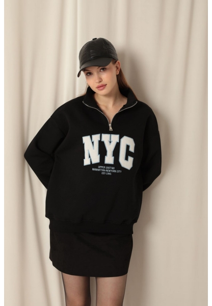 Üç İplik Nyc Nakışlı Kadın Siyah Sweat