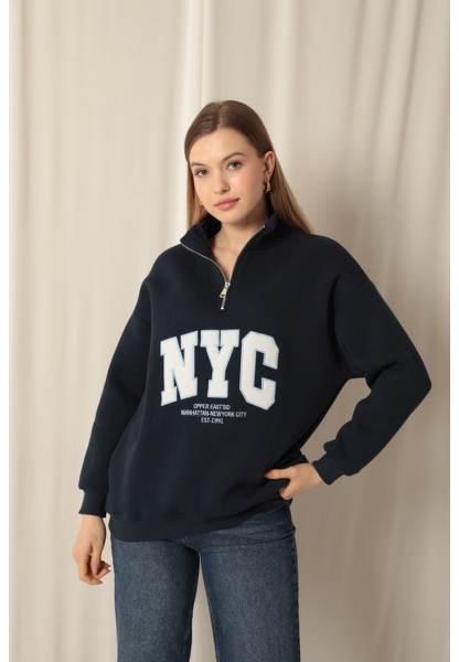 Üç İplik Nyc Nakışlı Kadın Lacivert Sweat