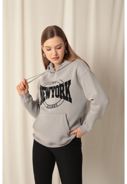 Üç İplik Newyork Nakışlı Kadın Koyu Gri Sweat