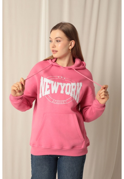 Üç İplik Newyork Nakışlı Kadın Pembe Sweat