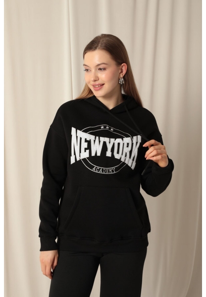 Üç İplik Newyork Nakışlı Kadın Siyah Sweat