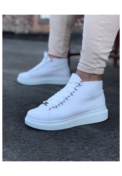  WG032 Beyaz Bağcıklı Sneakers  Yarım Bilek Bot