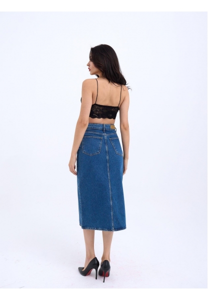 6471 DENİM MIDI SLIT SKIRT-KOYU MAVİ