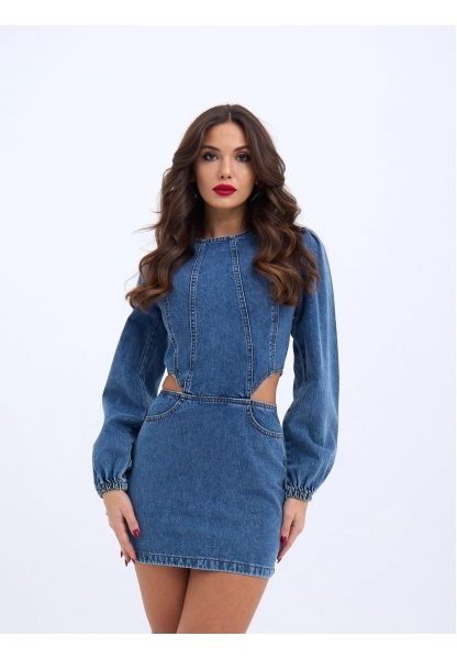 6834 WINDOWED DENIM DRESS-MAVİ