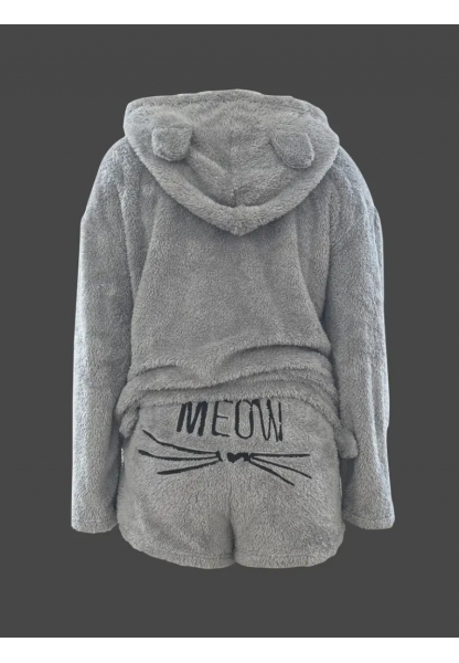 Kadın Uzun Kollu Meow Kedi Nakışlı Kapşonlu Peluş Sweat Ve Short Ikili Takım