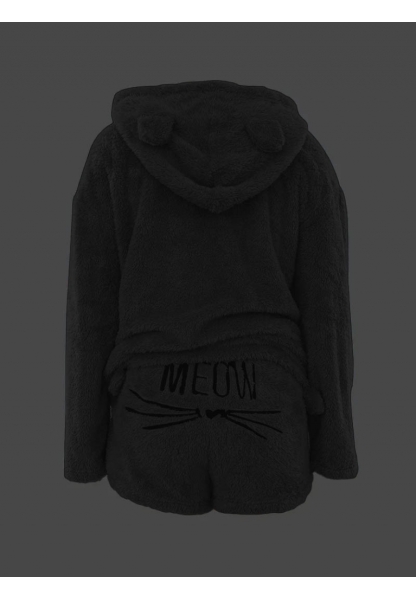 Kadın Uzun Kollu Meow Kedi Nakışlı Kapşonlu Peluş Sweat Ve Short Ikili Takım