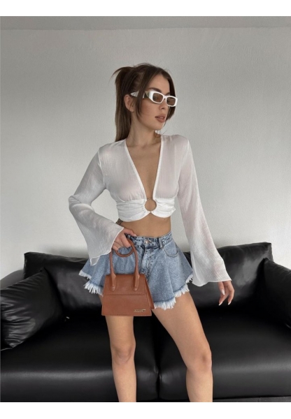 SATEN CROP TOKA DETAYLI BLUZ - Beyaz