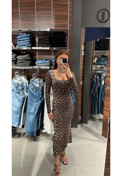 Kadın Kare Yaka Full Likralı Leopar Desen Maxi Boy Elbise