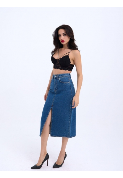 6471 DENİM MIDI SLIT SKIRT-KOYU MAVİ