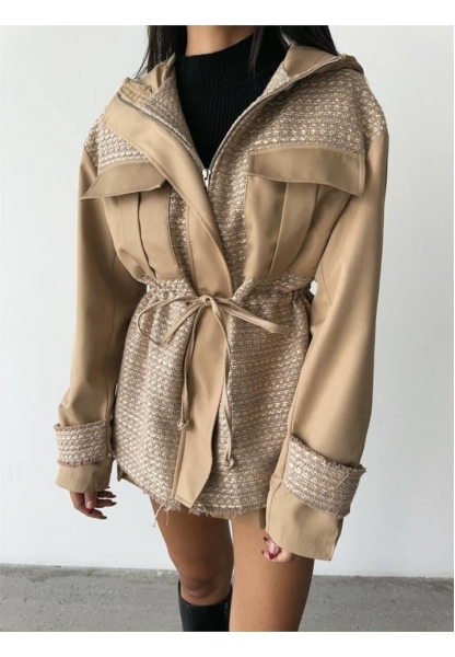 CHANEL -TRENCH  GARNİLİ KAPİŞONLU BELDEN BÜZGÜLÜ MONT - Bej