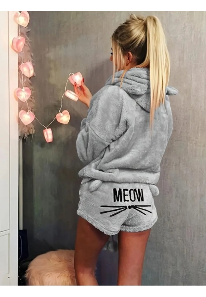 Kadın Uzun Kollu Meow Kedi Nakışlı Kapşonlu Peluş Sweat Ve Short Ikili Takım