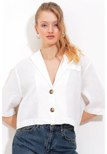 Beyaz Çift Düğmeli Oversize Crop Keten Ceket 0706