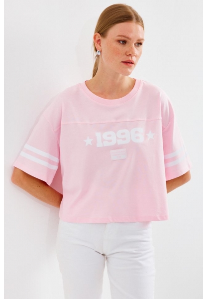 4322 Baskılı Oversize Basic Tişört - Pembe