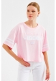 4322 Baskılı Oversize Basic Tişört - Pembe