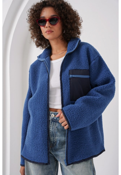 55446 Fermuarlı Oversize Peluş Ceket - Saks