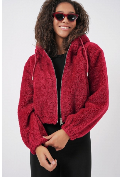 5193 Kapüşonlu Peluş Crop Ceket - Bordo