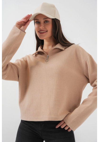 55449 Fermuarlı Yaka Örme Sweatshirt - Camel