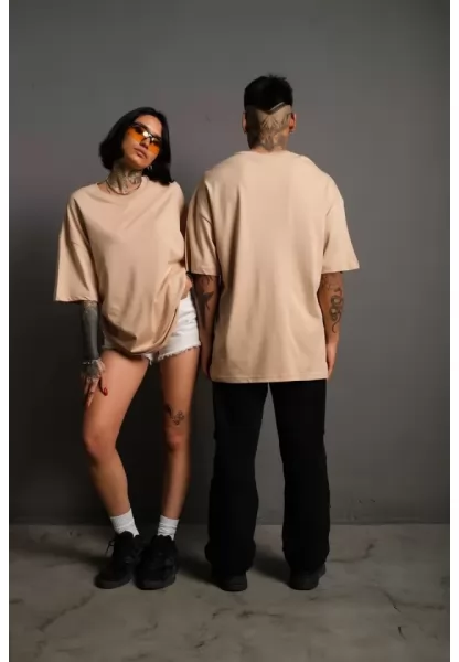 Erkek 24/1 Düz A Kalite Oversize T-shirt - Bej