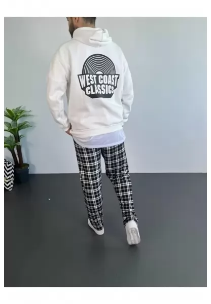 Erkek Baskılı Üç İplik Kapüşonlu Oversize Sweatshirt - Beyaz