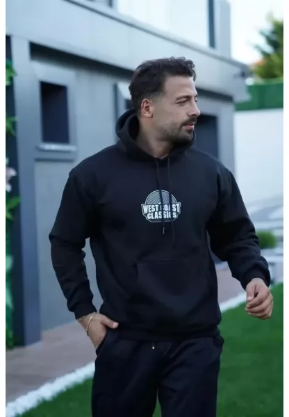 Erkek Sırt Baskılı Kapüşonlu Üç İplik Oversize Sweatshirt - Siyah