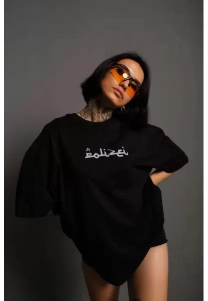 Bisiklet Yakalı Sırt Baskılı Oversize T-Shirt - Siyah