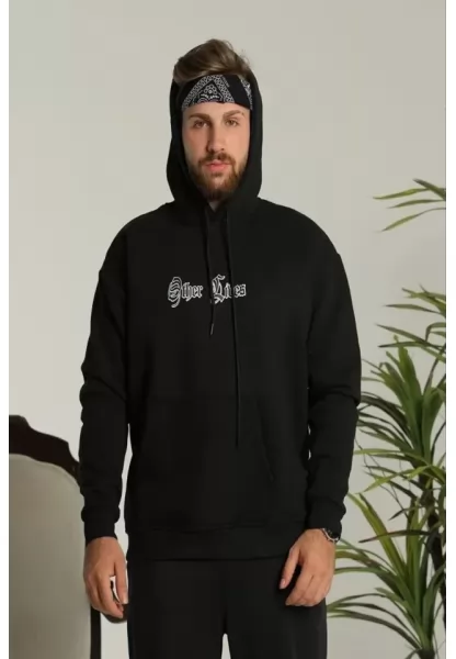 Erkek Sırt Baskılı Oversize Üç İplik Kapüşonlu Sweatshirt - Siyah