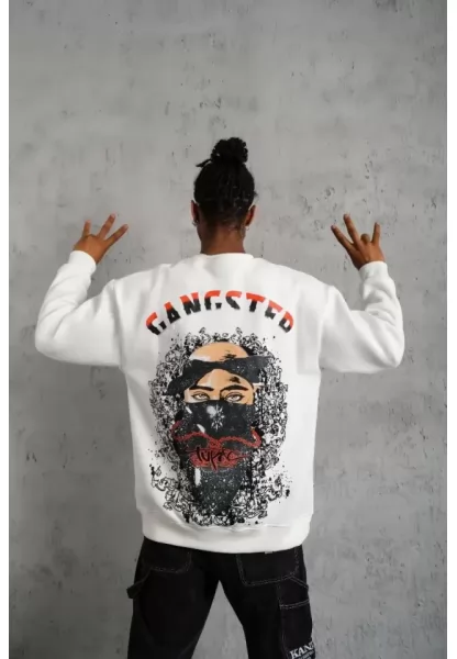 Erkek 3 İplik Gangster Baskılı Sweatshirt - Beyaz