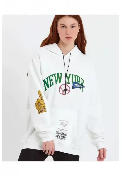 Baskılı Kapüşonlu Sweatshirt - Beyaz