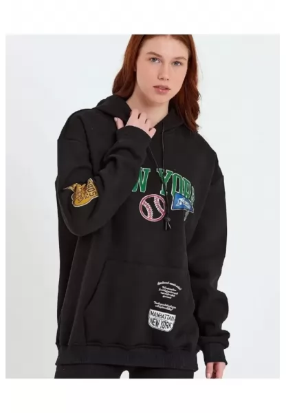 Baskılı Kapüşonlu Sweatshirt - Siyah