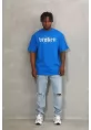 Unisex Oversize Baskılı Bisiklet Yaka T-Shirt - Mavi