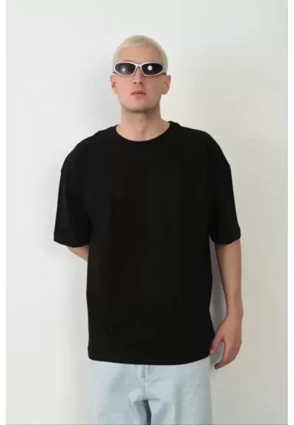 Unisex Basic Bisiklet Yaka Oversize T-Shirt - Siyah