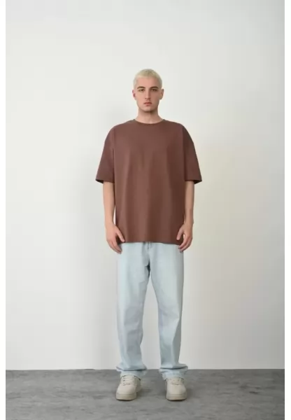 Unisex Basic Bisiklet Yaka Oversize T-Shirt - Mürdüm