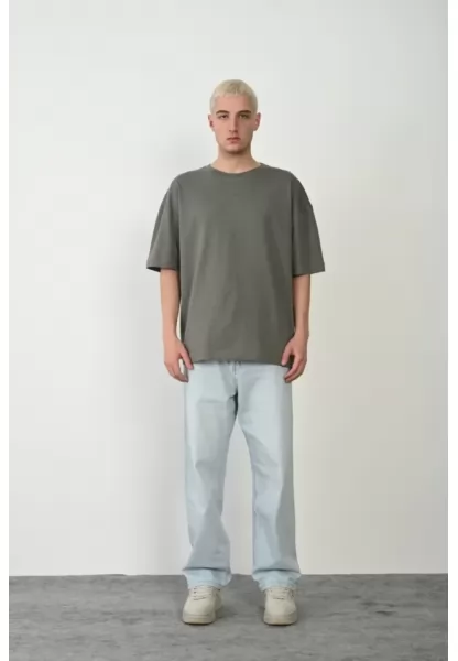 Unisex Basic Bisiklet Yaka Oversize T-Shirt - Füme