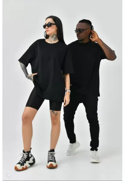 Unisex Basic Bisiklet Yaka Oversize T-Shirt - Siyah