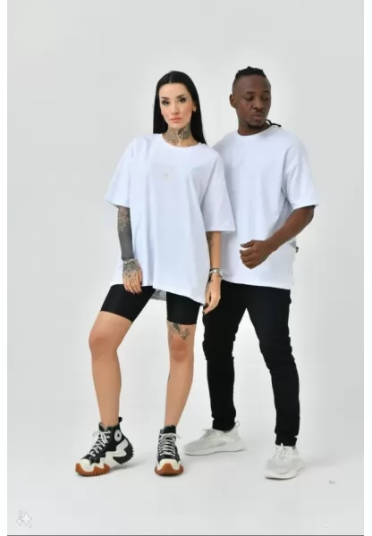 Unisex Basic Bisiklet Yaka Oversize T-Shirt - Beyaz