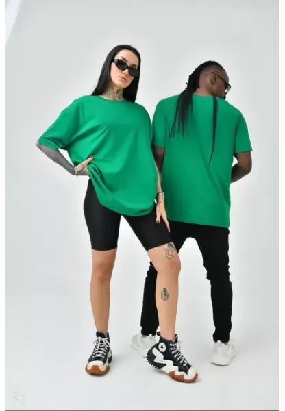 Unisex Basic Bisiklet Yaka Oversize T-Shirt - Yeşil