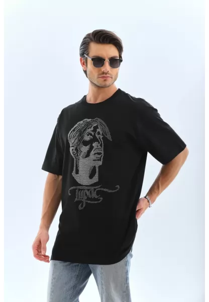 Unisex Oversize Taşlı Bisiklet Yaka T-Shirt - Siyah